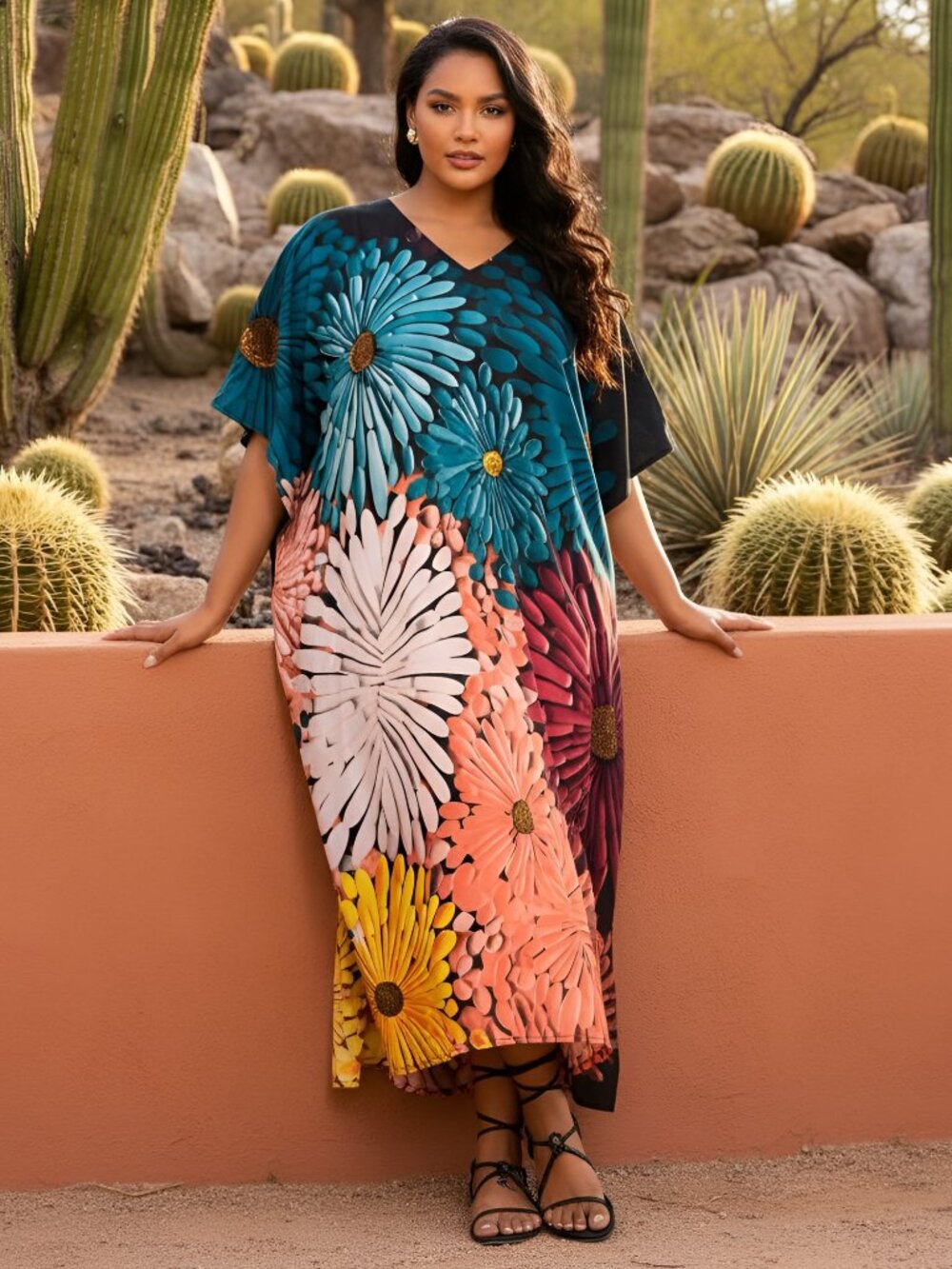 Gypsie Blu Stylish Polyester Caftan Dress Plus Size Floral Printed Maxi Dresses